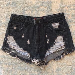 Signature8 black mini denim ripped shorts